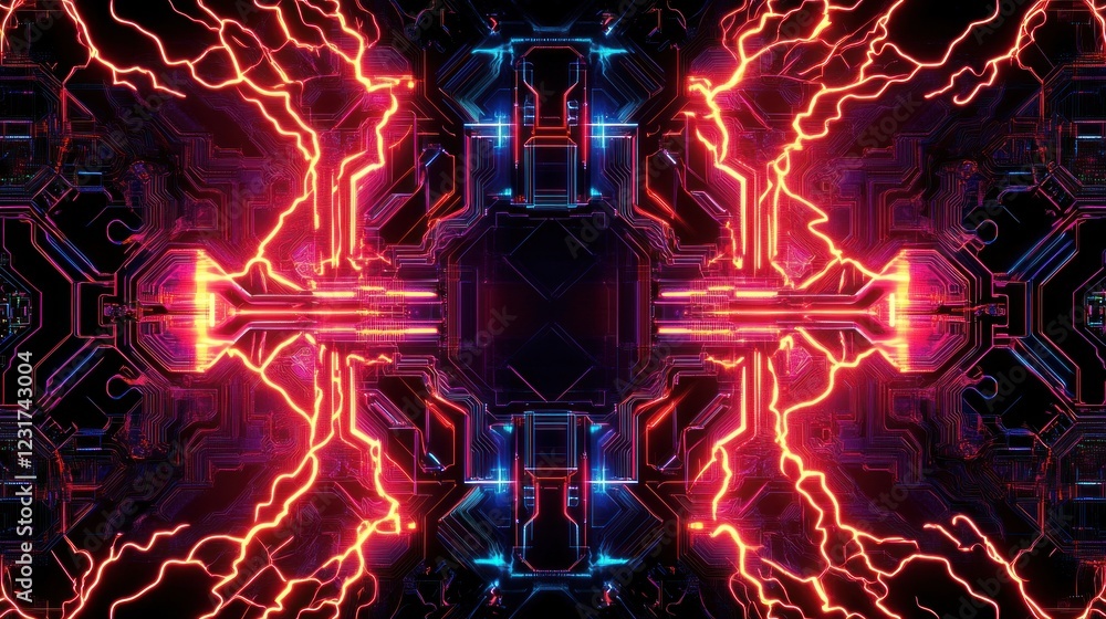Poster abstract digital art with vibrant neon lightning and symmetrical circuit patterns.