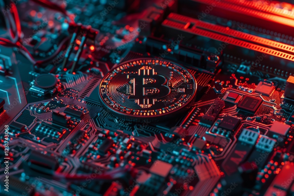 Poster golden bitcoin is lying on a computer motherboard that is illuminated red, symbolizing the increasin
