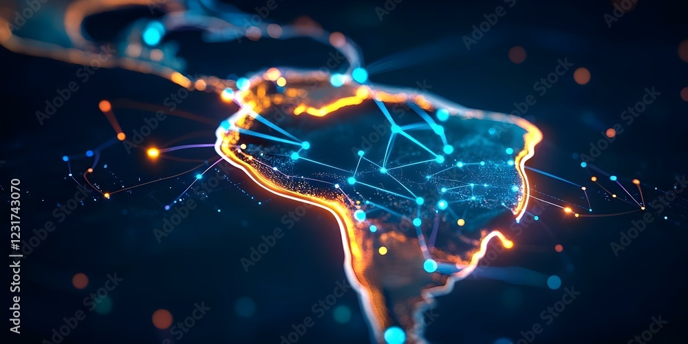 Poster a digital representation of south america with interconnected lines and nodes, resembling a network 