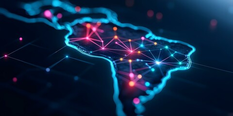 A digital map of South America with glowing network connections and nodes represented by colorful lights. Concept Digital Map Visualization, South America Geography, Glowing Network Connections