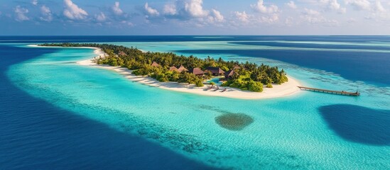 Fototapeta premium Aerial view of a tropical island surrounded by vibrant turquoise waters and white sandy beaches under a bright blue sky with scattered clouds