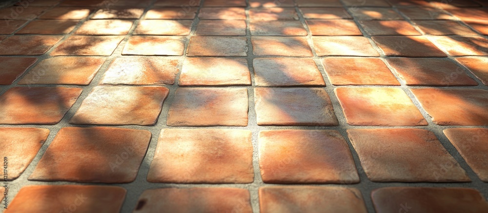 Aufkleber terracotta floor tiles in warm earthy tones bask in soft sunlight casting intricate shadows creating