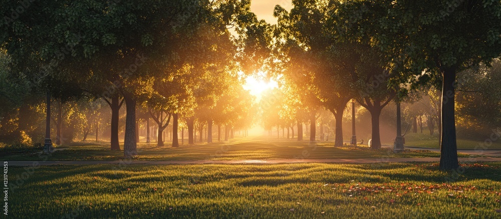 Poster tranquil sunset illuminating lush green trees with golden light filtering through foliage creating a