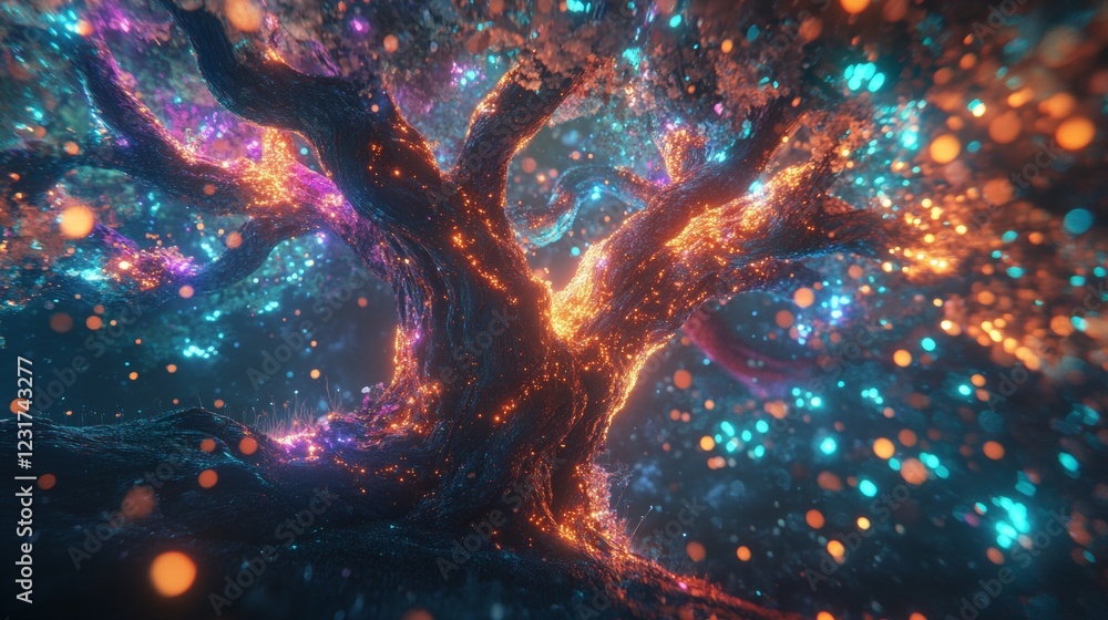 Poster discover a mesmerizing fantasy tree illuminated with vibrant glowing lights. this enchanting scene c