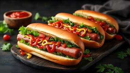 Photo of Hot Dogs Ketchup Mustard Lettuce Tomato Relish Dinner Lunch Snack Meal Food