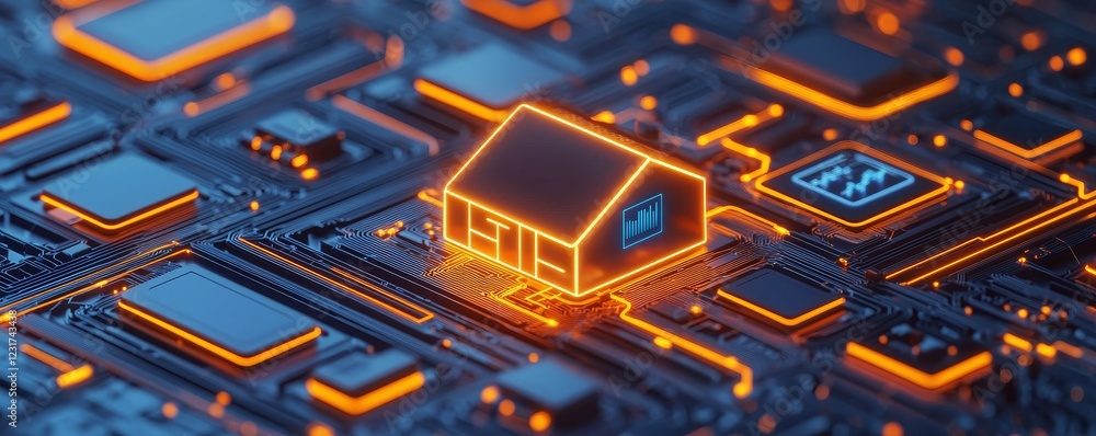 Aufkleber future consumer efficiency concept. digital house model on a circuit board with glowing elements.