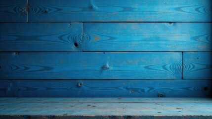 Fototapeta premium A Rustic Blue Wooden Background Featuring a Horizontal Planked Wall and a Matching Tabletop Surface Ideal for Product Displays or Textured Designs