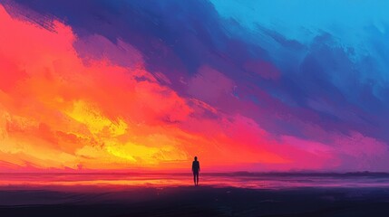 Solitary Figure Against Vibrant Sunset Over Calm Ocean Landscape