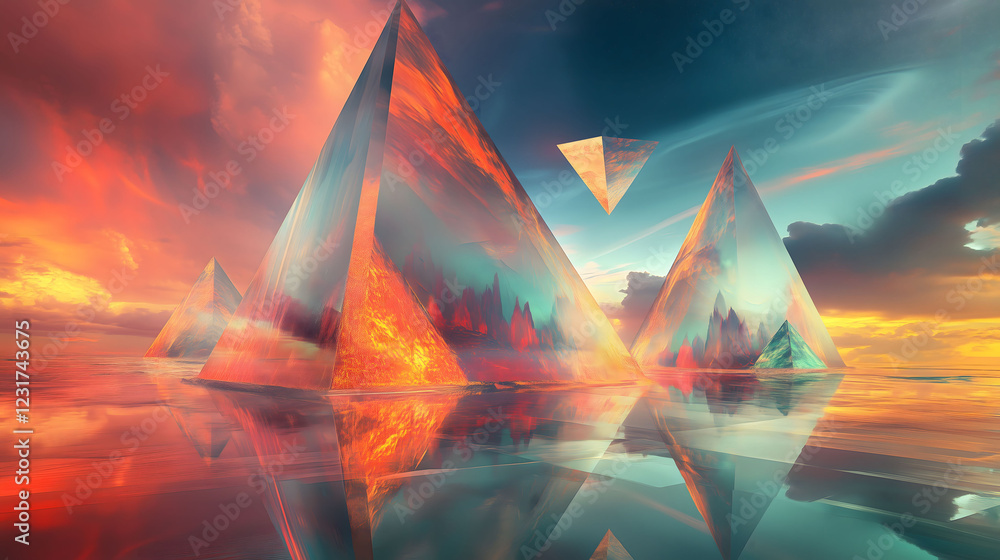 Poster unique dreamlike landscape features towering triangular structures reflecting in calm water at sunse