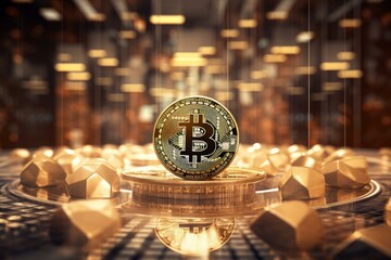 Gold bitcoin standing on golden pedestal surrounded by gold nuggets in a futuristic server room, cryptocurrency mining concept