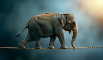 An elephant gracefully walking on a rope, showcasing its balance and elegance in a serene, smoky background. Fearless Balance on the Tightrope