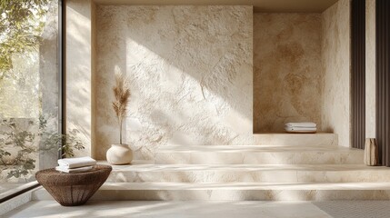3D render of beige stone wall and slabs creating a minimalist product display backdrop with realistic stone textures