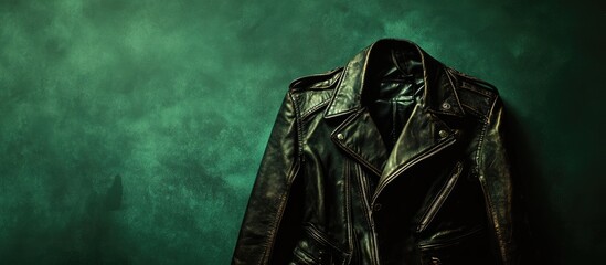 Vintage motorcycle jacket in glossy green background showcasing intricate design details positioned prominently to attract enthusiasts' attention.
