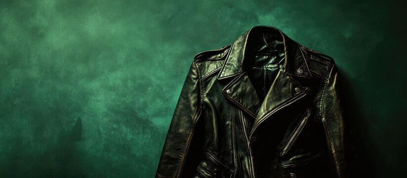 Vintage motorcycle jacket in glossy green background showcasing intricate design details positioned prominently to attract enthusiasts' attention.