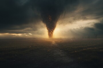 Obraz premium A tornado is blowing through a field of grass. The sky is dark and cloudy, and the sun is setting