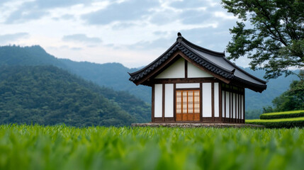Fototapeta premium Cultural Diversity. Traditional house in lush landscape with mountains in background