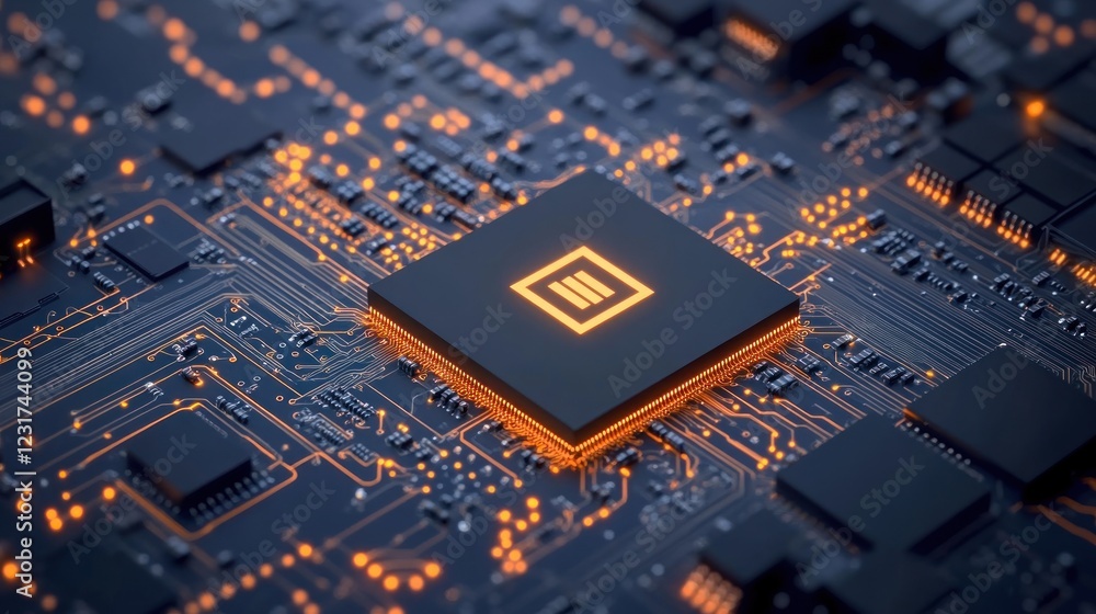 Poster illuminated cpu on circuit board.