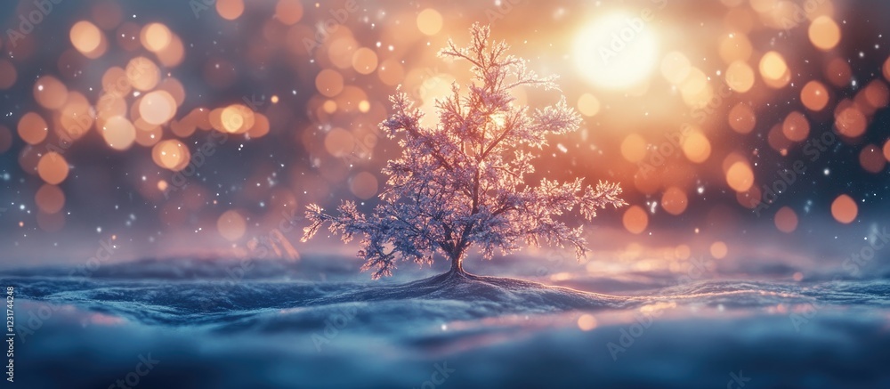 Poster frosted fir tree in snow with glowing bokeh background in warm vintage tones creating a magical wint