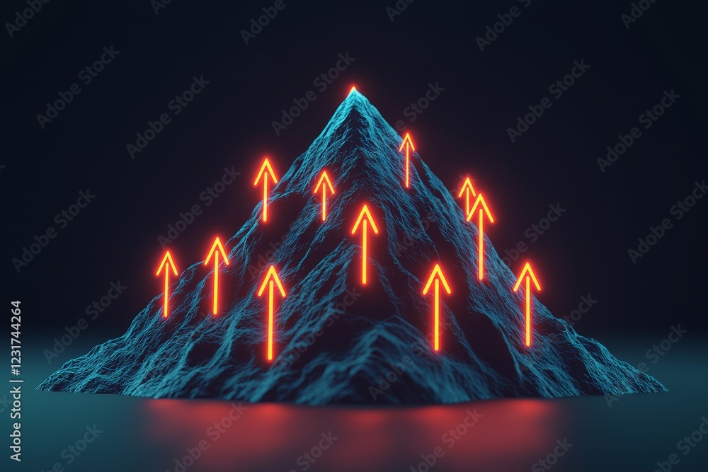 Poster strategy method optimization concept. futuristic mountain with glowing arrows pointing upward.