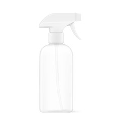Clear trigger sprayer bottle mockup. Vector illustration isolated on white background. Perfect for easy customisation and editing your design for household, cleaning, gardening and etc. EPS10.