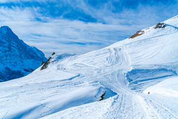 Winter landscape on the First mountain in Swiss Alps in Grindelwald, Switzerland