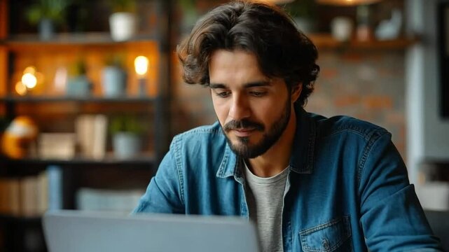 Man in office with laptop, market research and notes for social media review, business feedback or planning. Thinking, search and businessman networking online for startup, website and writing report