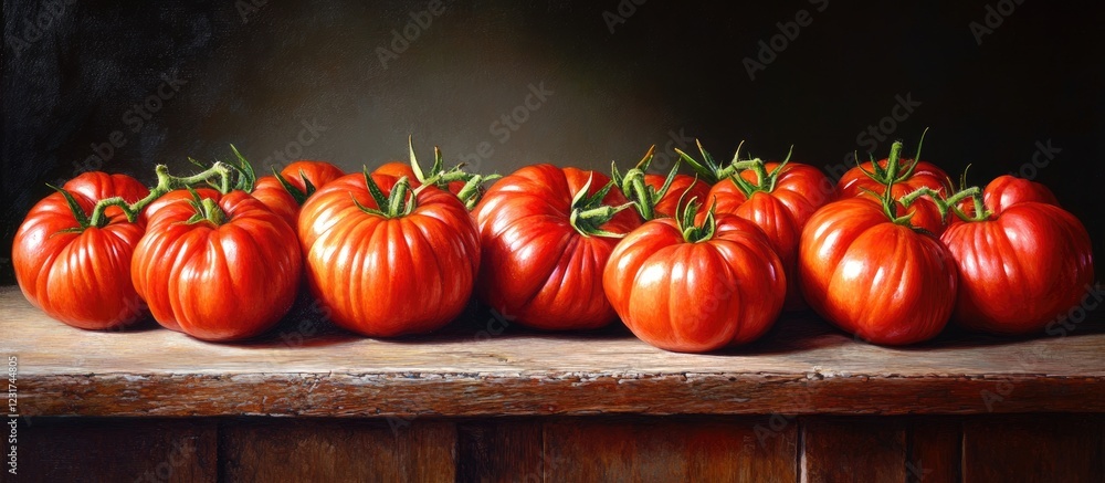 Poster large ripe red tomatoes with a glossy texture arranged in a row on a rustic wooden table against a d