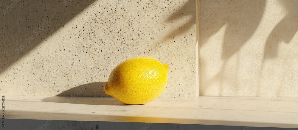 Aufkleber bright yellow lemon on a light-colored shelf with textured gray backdrop, casting bold shadows, emph