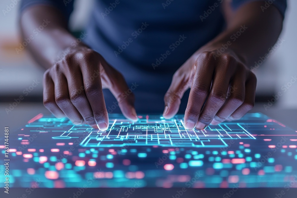 Poster freedom and innovation concept. hands interacting with a digital touchscreen interface.