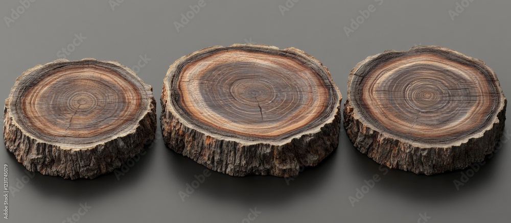 Poster natural wood slices in varying sizes arranged horizontally on a dark gray background showcasing rich