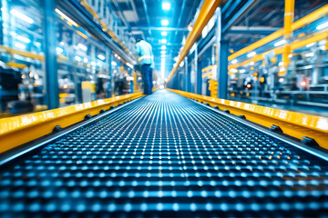 Fototapeta premium Factory Conveyor Belt, Worker, Industrial Production