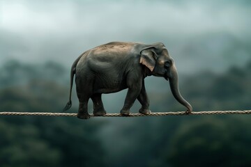 An elephant carefully balances on a thick rope, showcasing grace and strength in a misty forest setting. Fearless Balance on the Tightrope