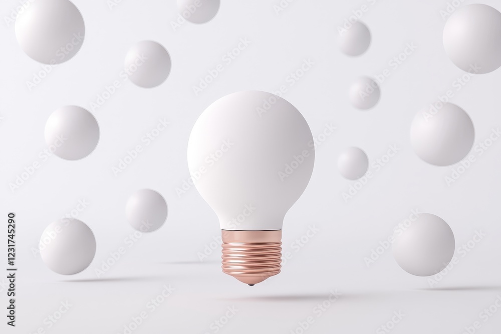 Poster future lifestyle minimal concept. light bulb surrounded by floating spheres in a minimalist setting.
