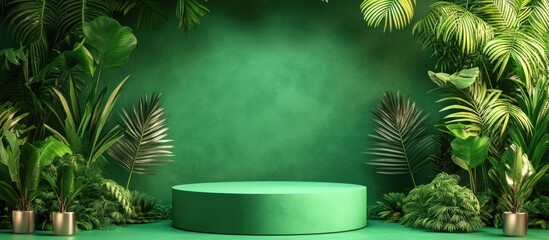 Vibrant green podium display set against a solid green background surrounded by lush tropical foliage creating an ideal showcase for presentations.