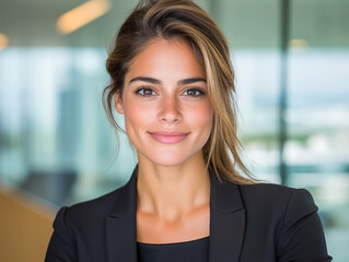 Closeup portrait, mature professional, beautiful confident woman wearing a power suit, friendly personality, smiling isolated indoors office background. Positive human emotions