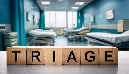トリアージを意味する英単語triageの文字が書かれた木製のキューブブロック。 aiで生成	