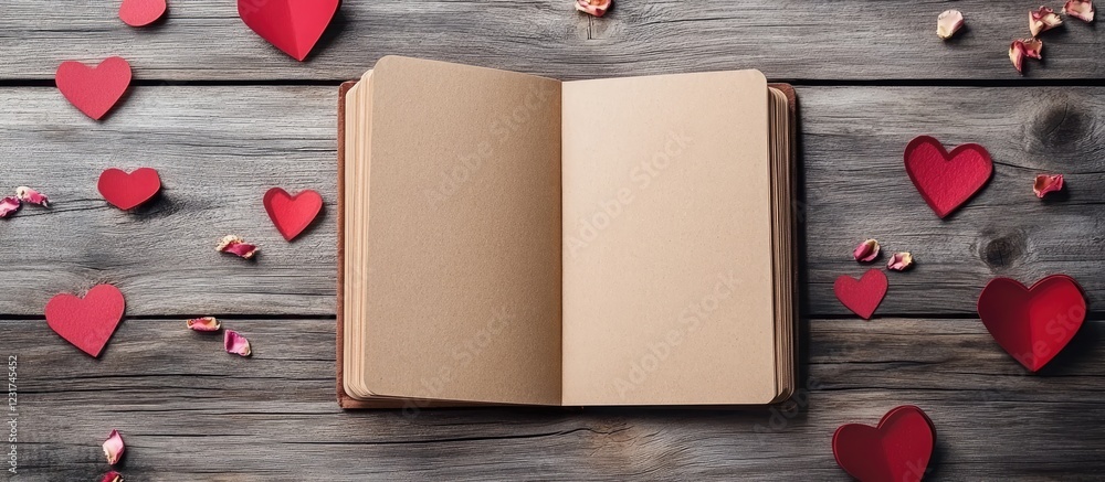 Poster blank open notebook on rustic wooden background with scattered red hearts and paper decorations crea