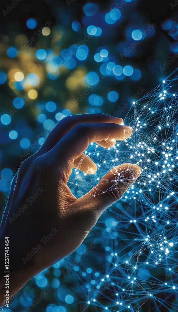 Poster a glowing web of connections at fingertips a symbolic image of data, technology and the future