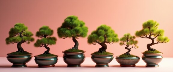 Obraz premium Miniature Bonsai Trees Collection in Elegant Pots Peaceful Zen Garden Decor