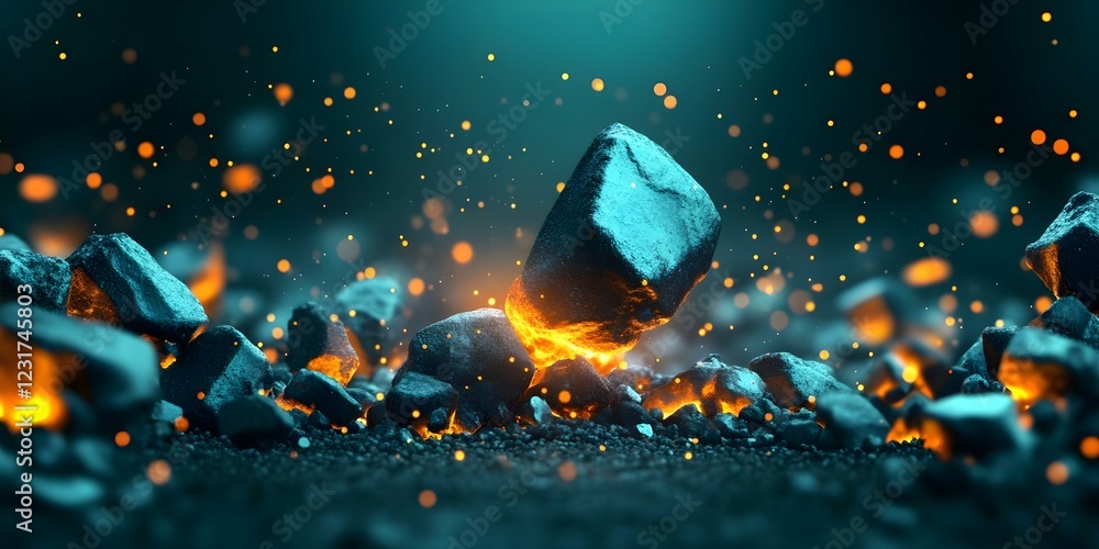 Poster glowing rocks and sparks create a dynamic scene, suggesting heat and movement in a visually striking