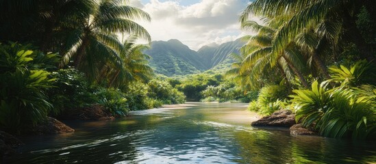 Tranquil river landscape nestled among lush green palm trees and vibrant tropical foliage under a bright blue sky with hints of mountain backdrop