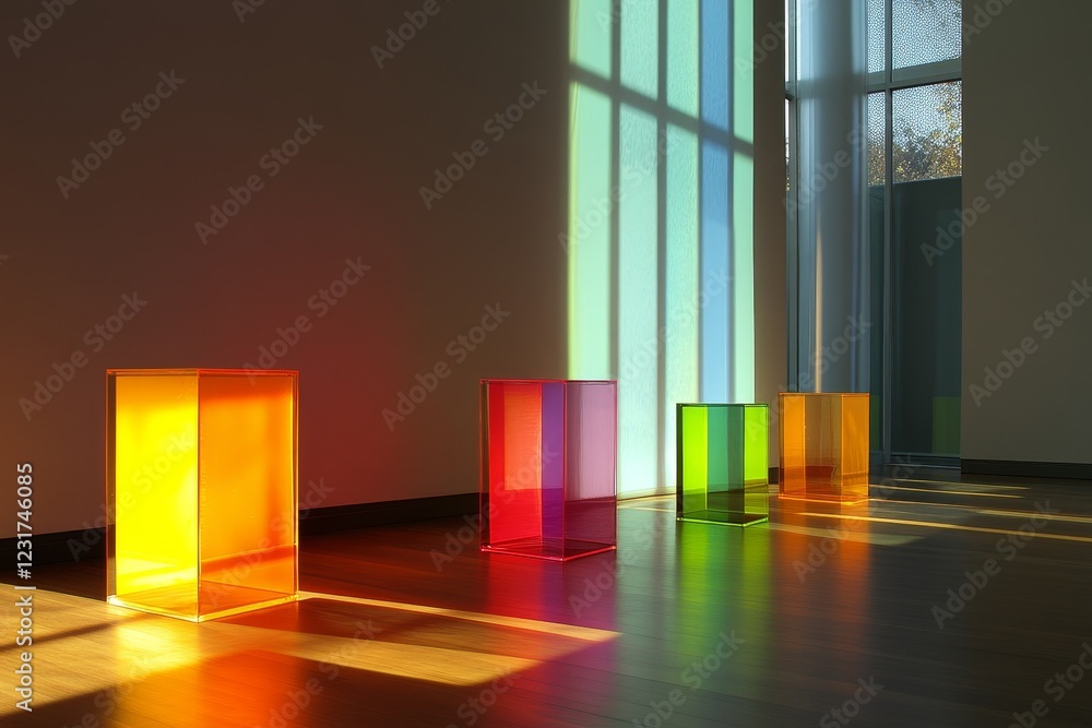 Poster this image captures colorful transparent cubes casting beautiful shadows in a modern interior space,