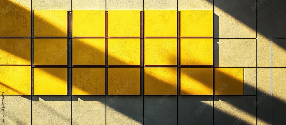 Poster vibrant yellow squares on a gray wall casting dynamic shadows illustrating the captivating interacti