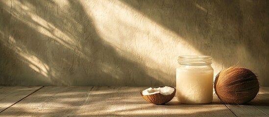 Virgin coconut oil in a glass jar beside a coconut shell on a rustic wooden table with soft natural light highlighting the scene