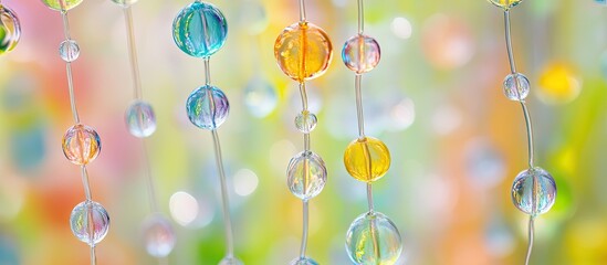 Vibrant translucent opalescent beads in a vertical arrangement with blue, orange, and clear colors against a blurred multicolor background