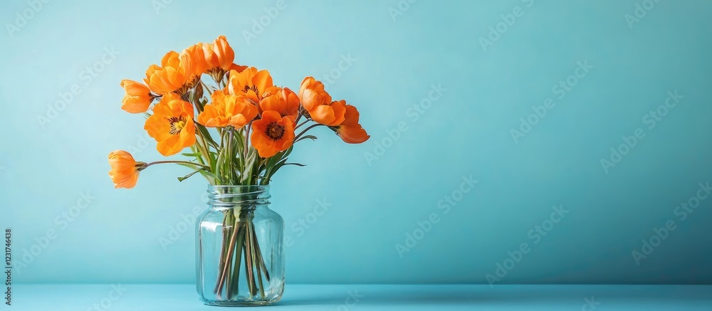 Poster vibrant orange spring flowers in a clear glass jar vase centered against a soft blue backdrop with a