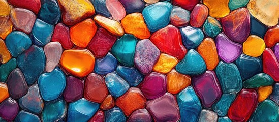 Colorful pebbles in vibrant hues of blue, orange, and purple create a striking top view background, showcasing the beauty of each unique stone.
