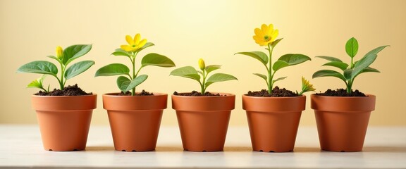 Five Stages of Plant Growth in Terracotta Pots Yellow Flowers Gardening Botany