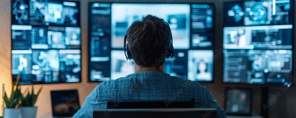 Poster future lifestyle virtual connected concept. person monitoring multiple screens in a dark tech enviro