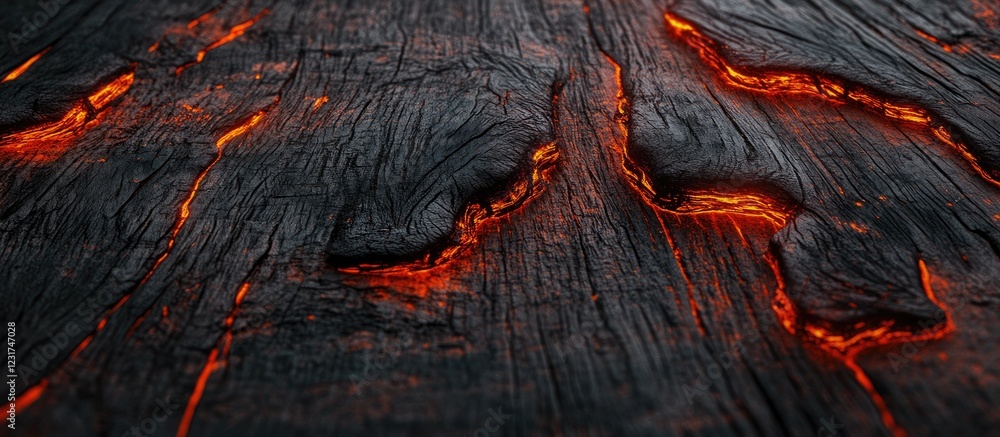 Poster textured wooden table surface with glowing lava-like patterns in shades of black and orange, creatin